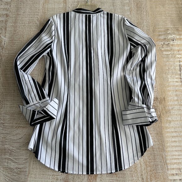 Ann Taylor Black White Striped Ruffle Long Sleeve Cotton Shirt/Blouse/Top Size 6 - Picture 8 of 9